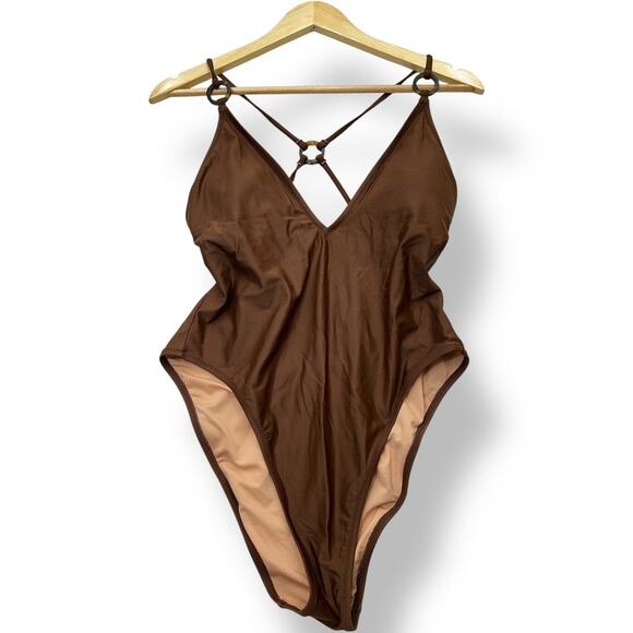 J.Crew O-Ring V-Neck One-Piece Swimsuit Women's 10 Brown Cheeky - Picture 3 of 9